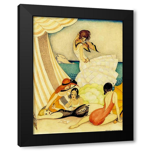 Five women at a beach Black Modern Wood Framed Art Print by Wegener, Gerda