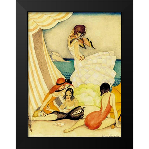 Five women at a beach Black Modern Wood Framed Art Print by Wegener, Gerda