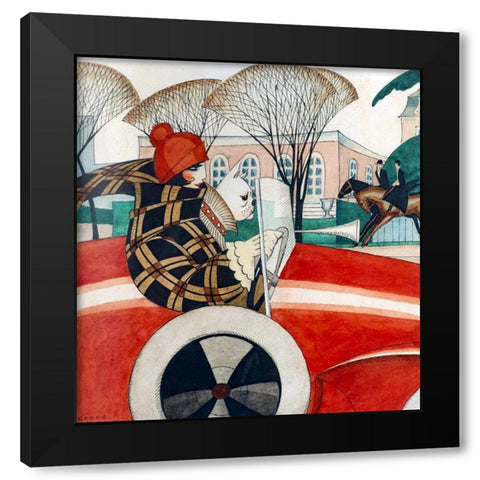 Girl and pug in an Automobile Black Modern Wood Framed Art Print by Wegener, Gerda