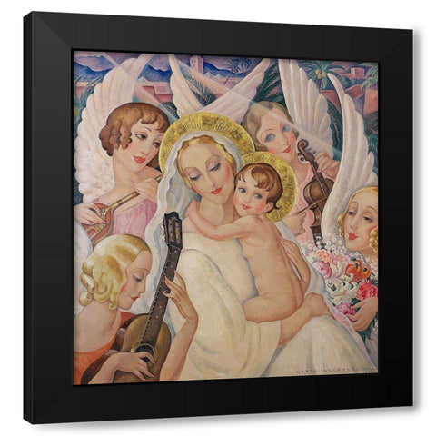 Madonna and child-surrounded by angels with musical instruments Black Modern Wood Framed Art Print with Double Matting by Wegener, Gerda