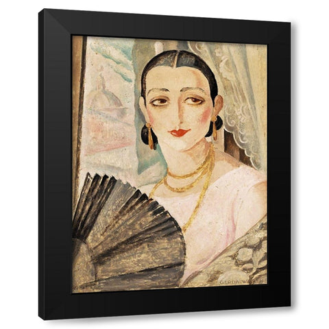 Portrait of Lili Elbe with a fan Black Modern Wood Framed Art Print with Double Matting by Wegener, Gerda