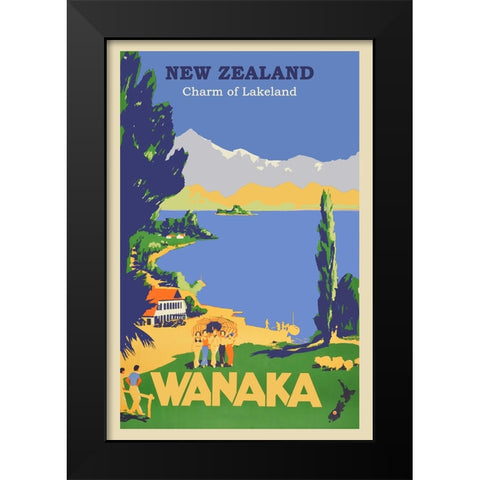 New Zealand Wanaka Travel Poster Black Modern Wood Framed Art Print by Vintage Travel Posters