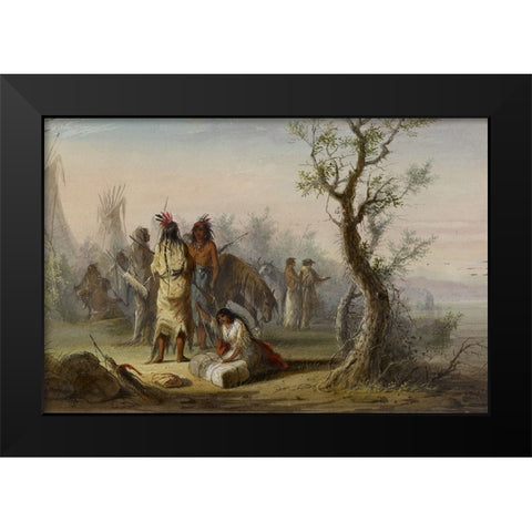 An Indian Camp Black Modern Wood Framed Art Print by Miller, Alfred Jacob
