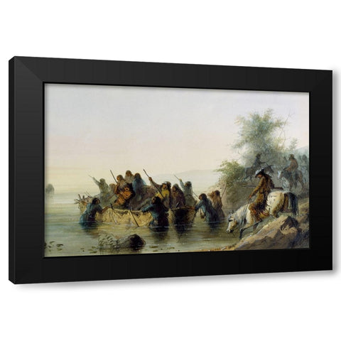 Bull Boating Black Modern Wood Framed Art Print with Double Matting by Miller, Alfred Jacob