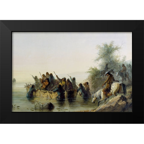 Bull Boating Black Modern Wood Framed Art Print by Miller, Alfred Jacob