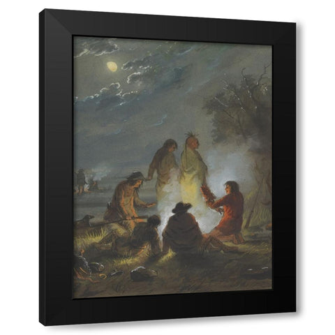 Camp Fire, Preparing the Evening Meal Black Modern Wood Framed Art Print with Double Matting by Miller, Alfred Jacob