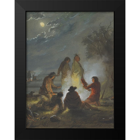 Camp Fire, Preparing the Evening Meal Black Modern Wood Framed Art Print by Miller, Alfred Jacob