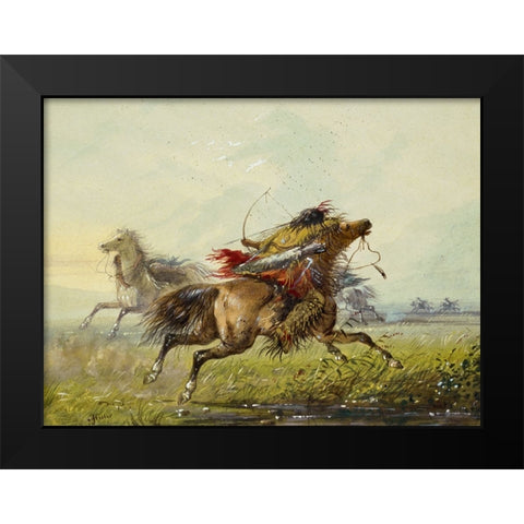 Dodging an Arrow Black Modern Wood Framed Art Print by Miller, Alfred Jacob