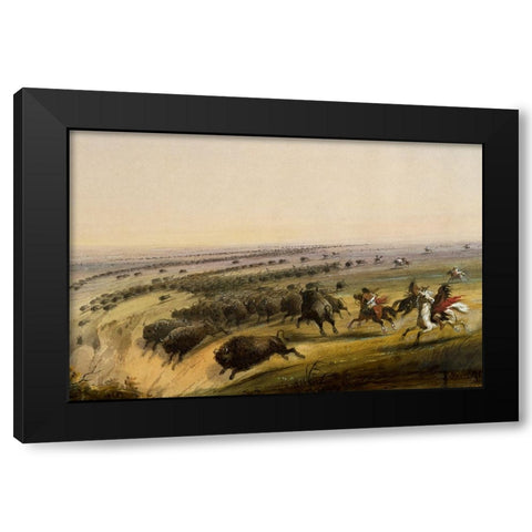 Hunting Buffalo Black Modern Wood Framed Art Print by Miller, Alfred Jacob