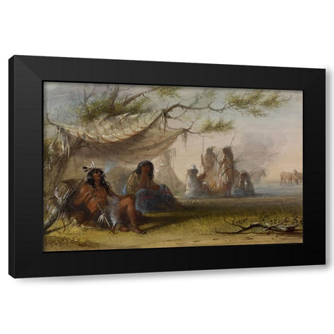 Indian Encampment Black Modern Wood Framed Art Print with Double Matting by Miller, Alfred Jacob