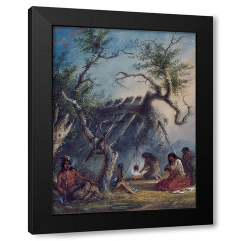 Indian Lodge Black Modern Wood Framed Art Print with Double Matting by Miller, Alfred Jacob