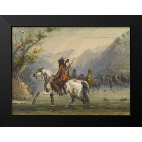 Fording a River Black Modern Wood Framed Art Print by Miller, Alfred Jacob