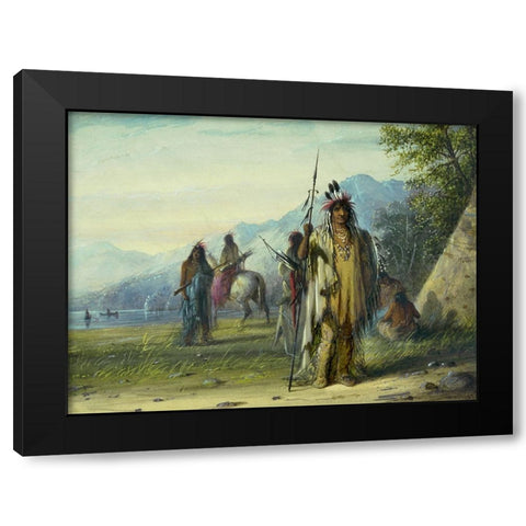 Snake Indian Camp Black Modern Wood Framed Art Print by Miller, Alfred Jacob