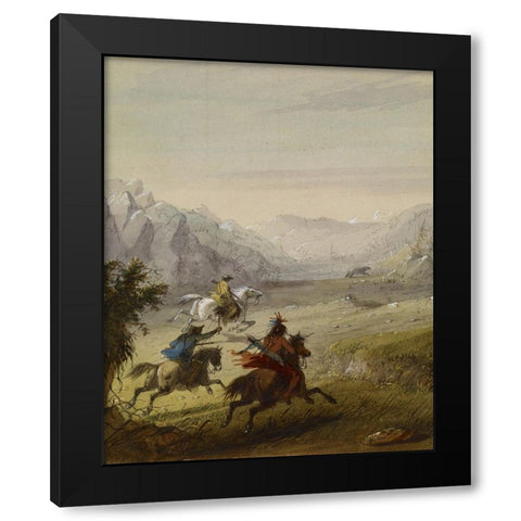 The Grizzly Bear Hunt Black Modern Wood Framed Art Print by Miller, Alfred Jacob