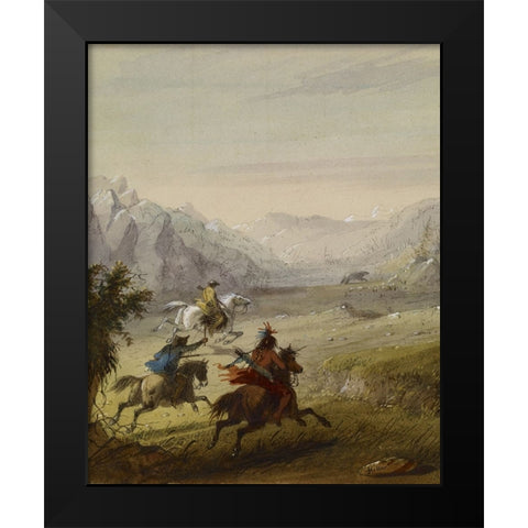 The Grizzly Bear Hunt Black Modern Wood Framed Art Print by Miller, Alfred Jacob