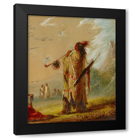 A Shoshonee Indian Smoking Black Modern Wood Framed Art Print by Miller, Alfred Jacob