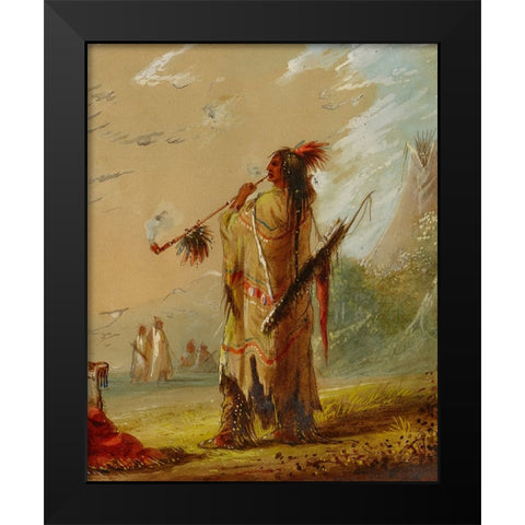 A Shoshonee Indian Smoking Black Modern Wood Framed Art Print by Miller, Alfred Jacob