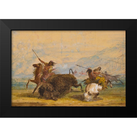 Crow Indians attacking a buffalo with the lance Black Modern Wood Framed Art Print by Miller, Alfred Jacob