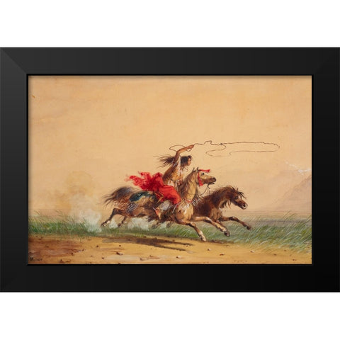 Lassoing Wild Horses Black Modern Wood Framed Art Print by Miller, Alfred Jacob