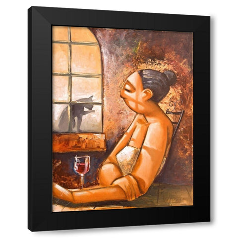 Lady and Cat I Black Modern Wood Framed Art Print with Double Matting by West, Ronald