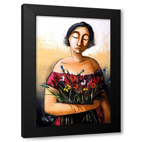 Lady with Flowers Black Modern Wood Framed Art Print with Double Matting by West, Ronald