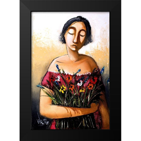 Lady with Flowers Black Modern Wood Framed Art Print by West, Ronald