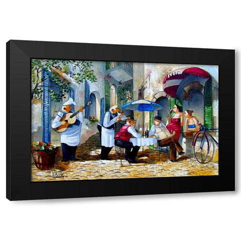 Poker Players at Cafe Kitty Black Modern Wood Framed Art Print by West, Ronald