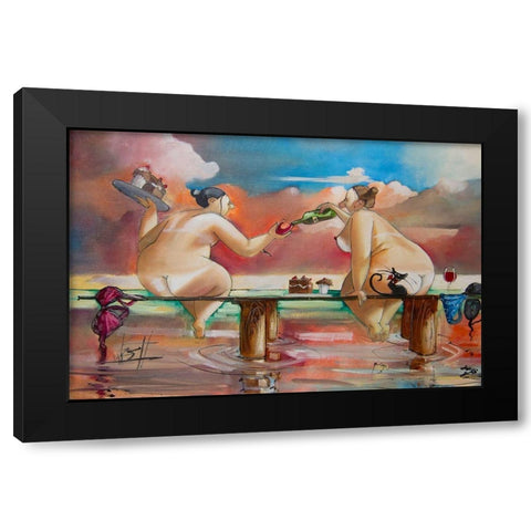 Wine and Cake on Jetty Black Modern Wood Framed Art Print with Double Matting by West, Ronald