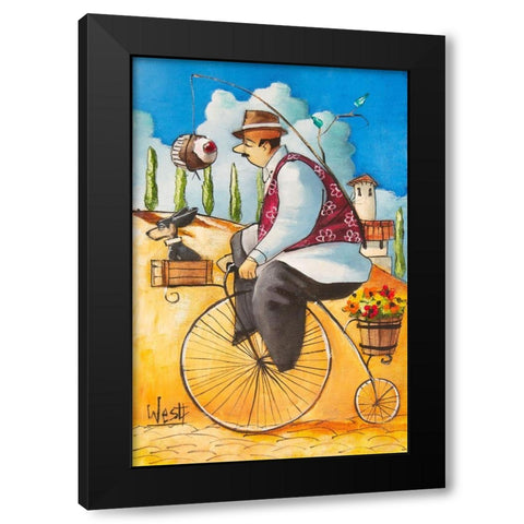 Man on Bicycle w/Cupcake Black Modern Wood Framed Art Print with Double Matting by West, Ronald