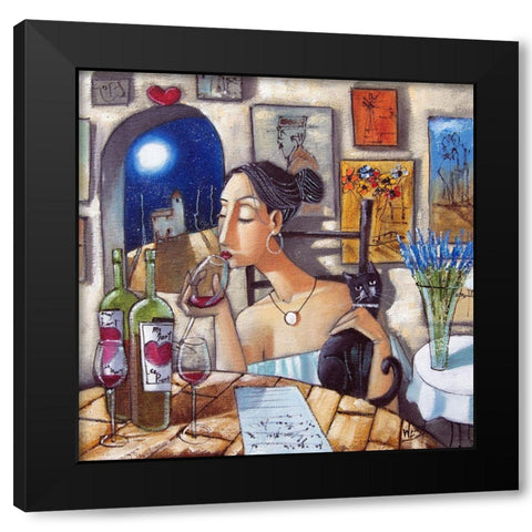 Lady and Cat II Black Modern Wood Framed Art Print with Double Matting by West, Ronald