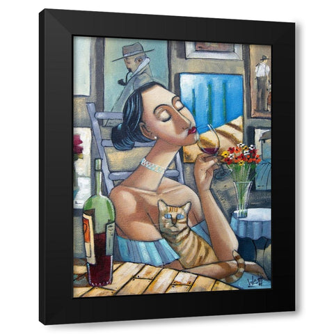 Lady and Cat III Black Modern Wood Framed Art Print with Double Matting by West, Ronald