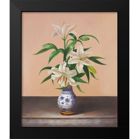 White Lilies Black Modern Wood Framed Art Print by Welby