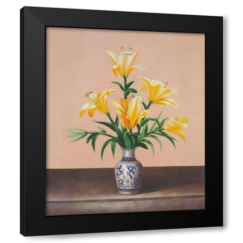 Peach Lilies Black Modern Wood Framed Art Print by Welby