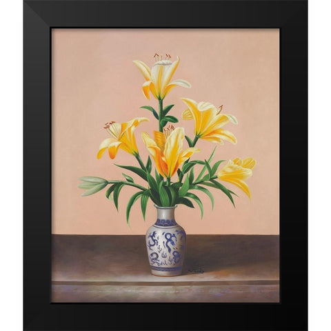 Peach Lilies Black Modern Wood Framed Art Print by Welby