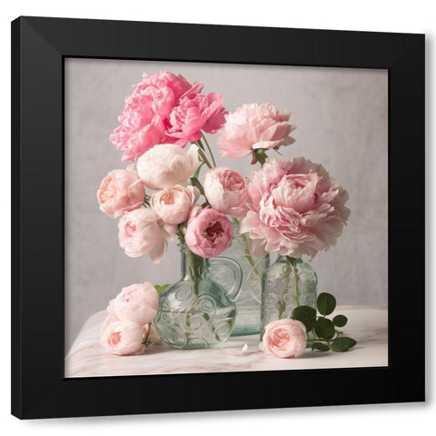 Rose and Peony Duet Black Modern Wood Framed Art Print by Maclean, Leah