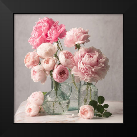 Rose and Peony Duet Black Modern Wood Framed Art Print by Maclean, Leah