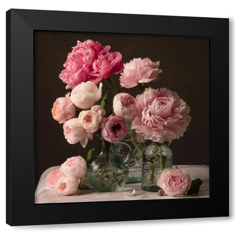 Rose and Peony Dark Duet Black Modern Wood Framed Art Print by Maclean, Leah
