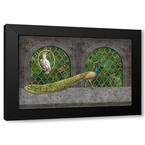 Peacocks Jungle Palace Black Modern Wood Framed Art Print with Double Matting by Haase, Andrea