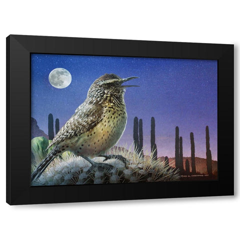 Saguaro Cactus Wren by Moonlight Black Modern Wood Framed Art Print by Vest, Christopher