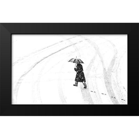 Man with umbrella Black Modern Wood Framed Art Print by Ohlendorf, Anette