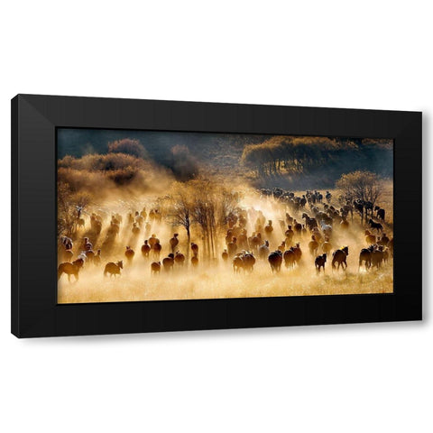 Horses Black Modern Wood Framed Art Print by Zhu, Hua