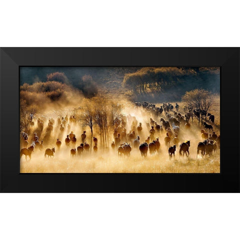 Horses Black Modern Wood Framed Art Print by Zhu, Hua
