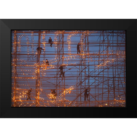 The festival runs Ship Fire Black Modern Wood Framed Art Print by Intarob, Sarawut