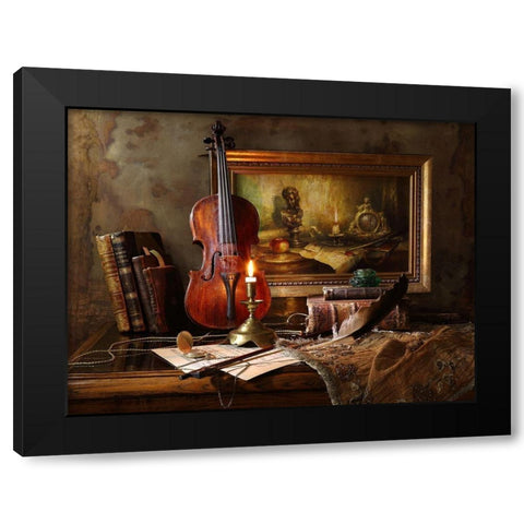 Still life with violin and painting Black Modern Wood Framed Art Print with Double Matting by Morozov, Andrey
