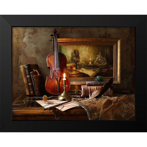 Still life with violin and painting Black Modern Wood Framed Art Print by Morozov, Andrey