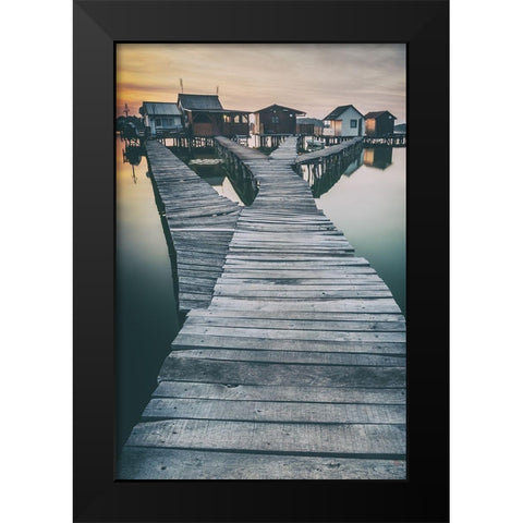lake and roads and cottages Black Modern Wood Framed Art Print by Stranak, Pavol