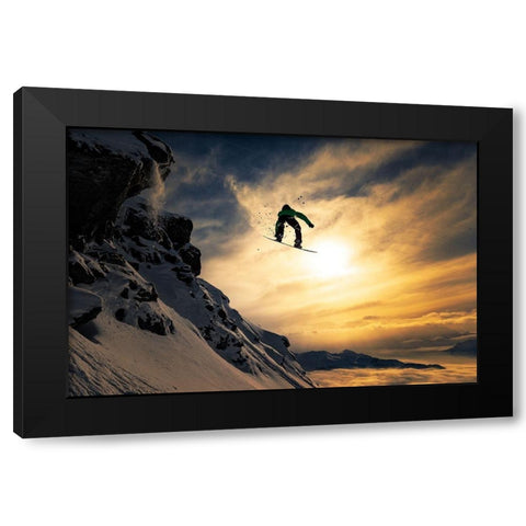 Sunset Snowboarding Black Modern Wood Framed Art Print by Sanne, Jakob