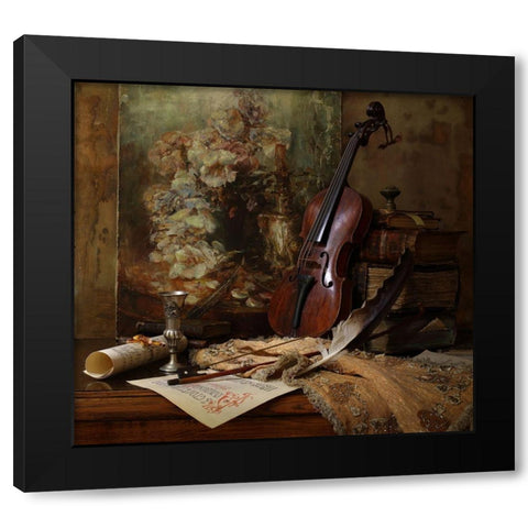 Still life with violin and painting Black Modern Wood Framed Art Print by Morozov, Andrey