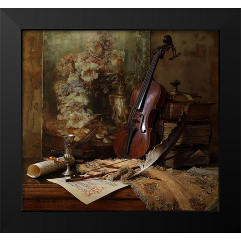Still life with violin and painting Black Modern Wood Framed Art Print by Morozov, Andrey