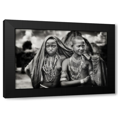 Karo girls sharing a scarf Black Modern Wood Framed Art Print with Double Matting by Flour, Piet